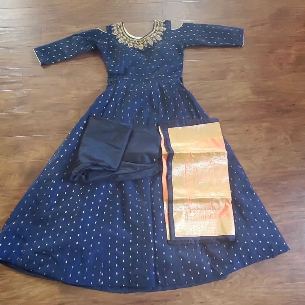 Navy Blue Embellished Anarkali Dress with Gold Accent